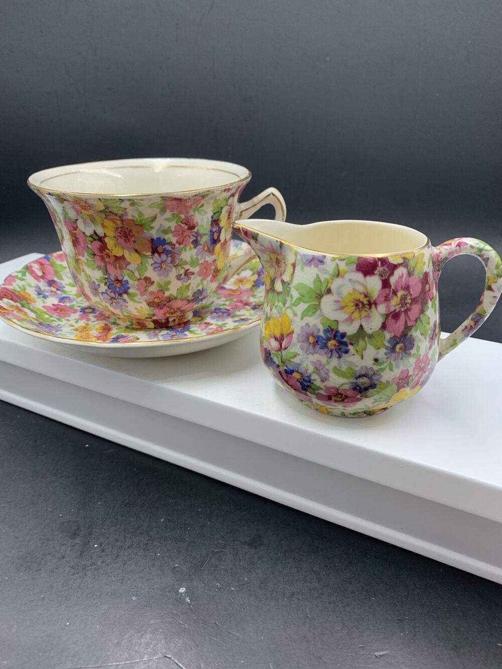 Lot James Kent Du Barry Chintz Tea Coffee Cup Saucer Mini Creamer Fenton Eng